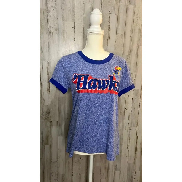 NWT Kansas Jayhawks Women's‎ Small Blue Ringer T-Shirt Graphic Print Sports Tee - Picture 1 of 5